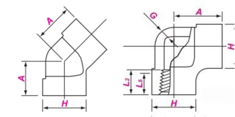 螺纹弯头40°和90°尺寸图